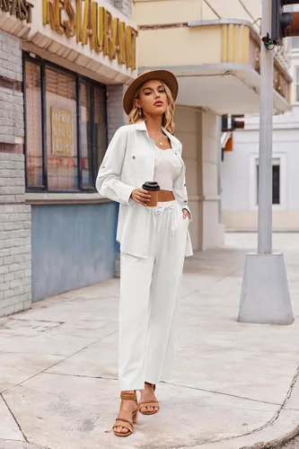 Vista 3 de Zeagoo Conjunto de 2 piezas de lino para mujer, camisa con botones y pantalones largos con cordón, conjuntos de verano