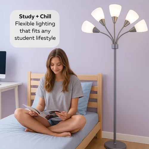 Vista 7 de LIGHTACCENTS Lámpara de pie Medusa de 5 luces para dormitorio – Lámpara de pie con múltiples cabezas y 5 pantallas de acrílico blanco, lámpara araña