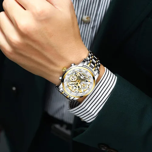 Vista 6 de Gosasa Relojes de lujo ahuecados para hombre, cronografía de diamantes de alta calidad, reloj de moda para hombre, calendario de acero inoxidable