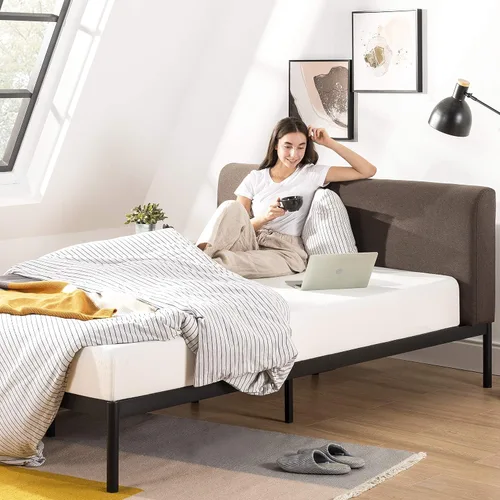 Vista 10 de Mellow BREE - Cama de plataforma de metal con cabecera curvada y tapizada, listones de acero, fácil montaje, gris cielo, tamaño matrimonial