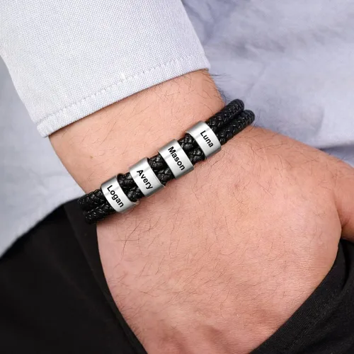 Vista 2 de Pulsera trenzada negra personalizada para hombre, pulsera personalizada con 1-8 cuentas personalizadas, nombres de la familia, joyería para hombres