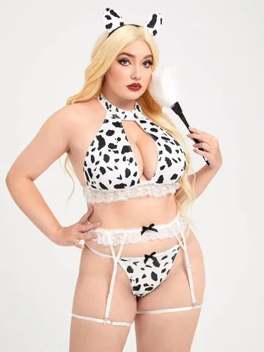 Vista 4 de WDIRARA Conjunto de lencería con estampado de vaca de 6 piezas para mujer, conjunto de brasier y bragas con corte de encaje