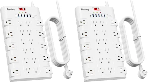 Vista 9 de Regleta de alimentación, SUPERDANNY - Protector contra sobretensiones con 22 tomas de corriente AC y 6 puertos de carga USB, 1875 W/15 A, 2100 Negro