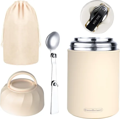 Vista 9 de Termo para alimentos y bebidas calientes, lonchera térmica, contenedor de alimentos aislado al vacío de 17 onzas con cuchara y bolsa con cordón