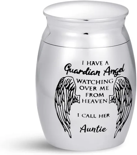 Vista 4 de Auntie Guardian Angel Mini Urnas de cremación para cenizas humanas, portátil, tamaño pequeño, de acero inoxidable, recuerdo, regalos funerarios