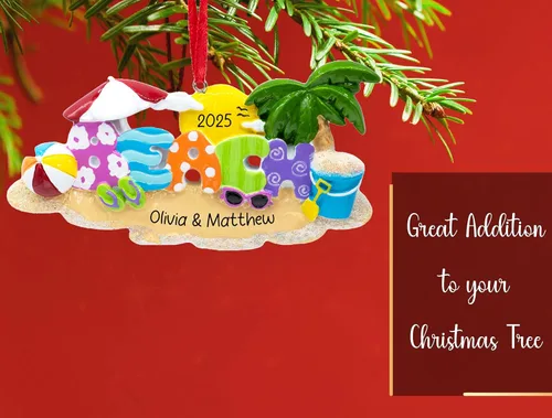Vista 5 de Adorno de Navidad personalizado para la playa 2026, personalización gratuita, vacaciones de verano, vacaciones en la playa, decoración con palmera