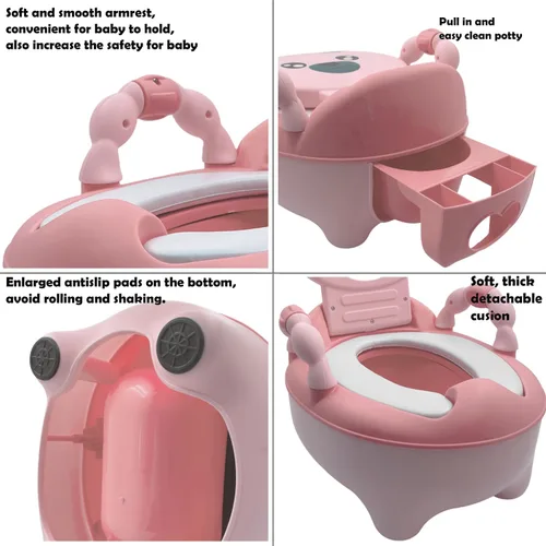 Vista 3 de Baby Kids Pink Bear Asiento de inodoro portátil para entrenamiento para ir al baño con almohadilla para niños pequeños, cómodo asiento suave