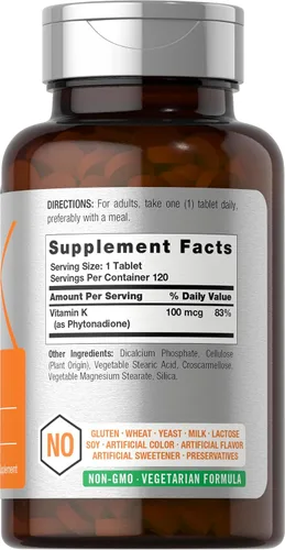 Vista 2 de Horbäach Suplemento de vitamina K 100mcg 120 tabletas Suplemento vegetariano, sin OMG y sin gluten
