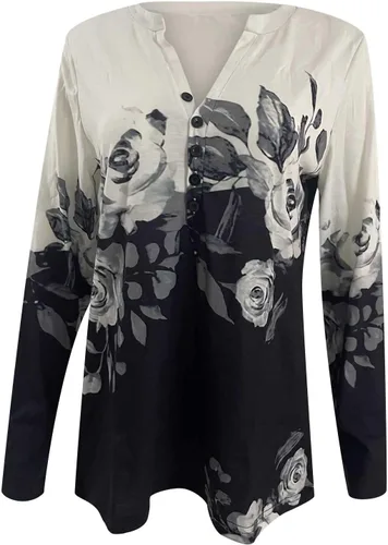 Vista 4 de SMIDOW Camisetas de manga larga con estilo étnico para mujer, camisas de primavera de moda, cuello en V, holgadas, cómodas, blusas elegantes