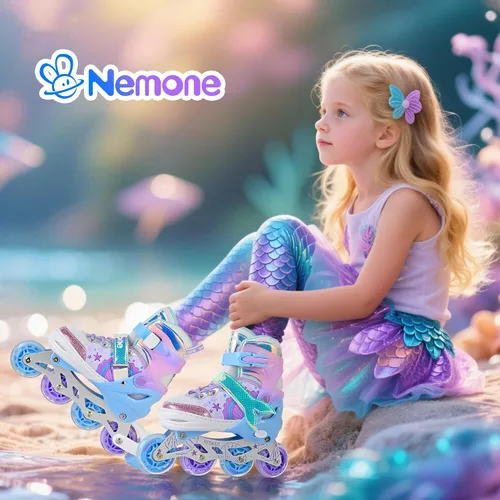 Vista 6 de NEMONE Patines en línea estilo sirena, patines ajustables en 4 tallas para niñas y niños con ruedas iluminadas, para principiantes, uso
