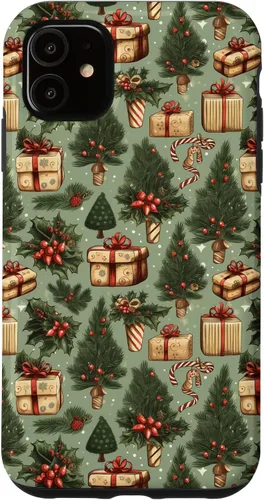 Vista 8 de Vintage Christmas Theme Holiday Trees, Presents, Teal, Bows Case for iPhone 17