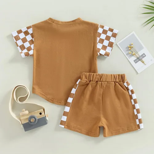 Vista 6 de Sejardin Traje de verano para bebé niño pequeño, camiseta de manga corta a cuadros y pantalones cortos, ropa para niños pequeños