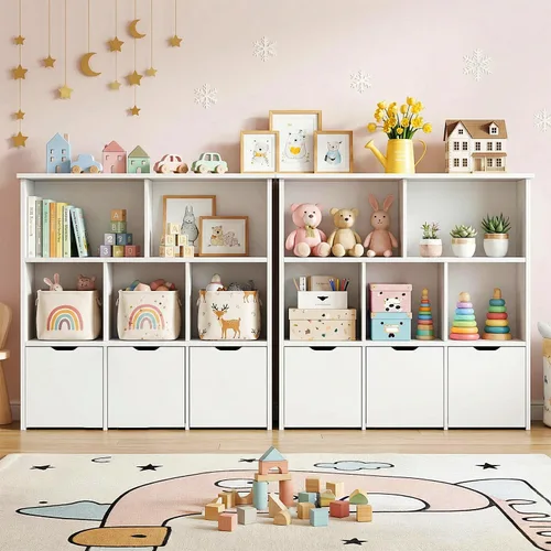 Vista 3 de Teckid Organizador de almacenamiento de juguetes con 3 cajones móviles y 5 cubos abiertos, estantería para niños y armario de almacenamiento