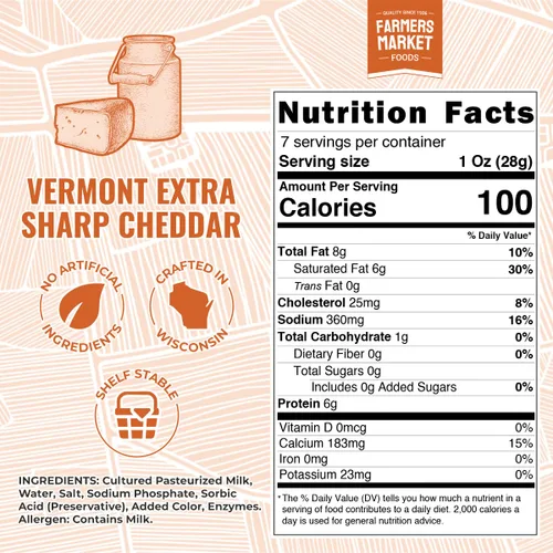 Vista 2 de Farmers Market, Sin gluten, Keto, Paleo, Bajo en sodio, Cero azúcar, Queso de Wisconsin, 1 paquete, Cheddar extra fuerte de Vermont