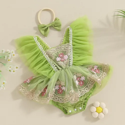 Vista 2 de Ursobutegl Mameluco de princesa para bebé recién nacida, vestido de malla bordado, elegante, tutú con falda, overol para cumpleaños