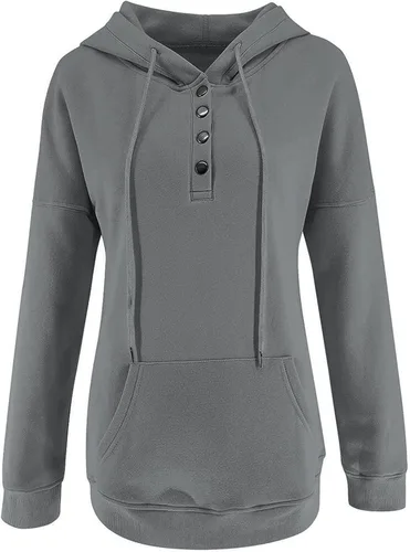 Vista 2 de Sudadera de gran tamaño para mujer, sudadera con capucha de color sólido con botones, manga larga, con bolsillo