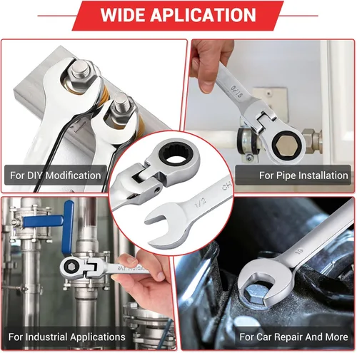 Vista 6 de Pilida - Llave combinada de trinquete de 1/2 pulgada, llave de engranajes SAE de 12 puntos, llave de engranajes de cabeza flexible, llave de extremo