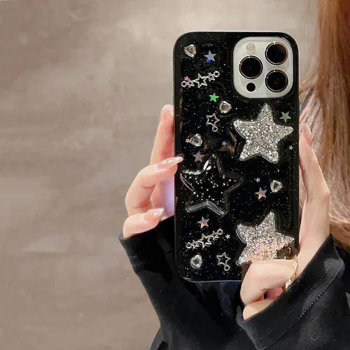Vista 2 de Funda para iPhone 11 con diseño de estrellas 3D con corazones brillantes y diamantes con purpurina Y2K Spark de lujo, diseño femenino estético