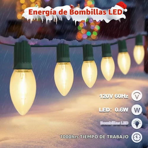 Vista 8 de USOKYO 20 bombillas LED C9 de 30 pies, luces LED de Navidad para exteriores, bombillas LED blancas cálidas, impermeables, conectables, luces