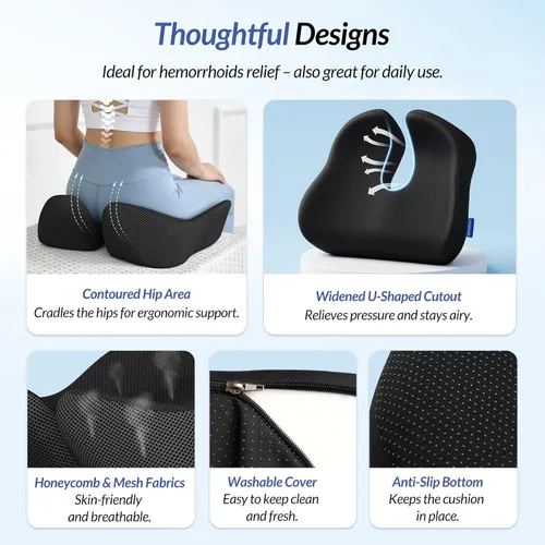 Vista 7 de ZIKEE Cojín de asiento grueso, almohada ergonómica de espuma viscoelástica para hemorroides para cadera, ciática, alivio de sentado prolongado