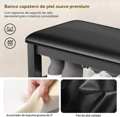Vista 5 de Banco de almacenamiento de zapatos de entrada con cojín de cuero, banco organizador de zapatos para entrada, ideal para pasillos, puertas