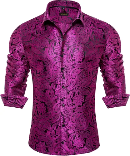Vista 26 de DiBanGu Camisa de vestir de paisley de seda para hombre, formal, de manga larga, con cuello abotonado, camisas informales para fiesta de boda Negro