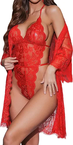 Vista 18 de Avidlove Conjunto de lencería de encaje de 2 piezas para mujer, kimono 1White
