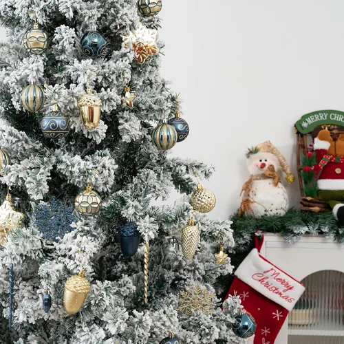 Vista 4 de Juego de 110 adornos de bolas de Navidad, adornos de Navidad surtidos azules y dorados para árbol de Navidad, bolas de plástico irrompibles Azul