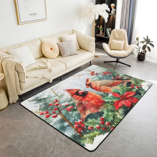 Vista 24 de Erosebridal Alfombra de área de Feliz Navidad para niños, cardenales rojos, alfombra de sala de estar, 3 x 5 mas, alfombra decorativa de cabaña