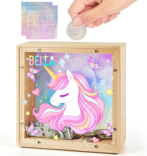 Vista 10 de Alcancía para niños, banco de monedas de madera para niños y niñas, dinosaurio unicornio alcancía con calcomanías de bricolaje para cumpleaños