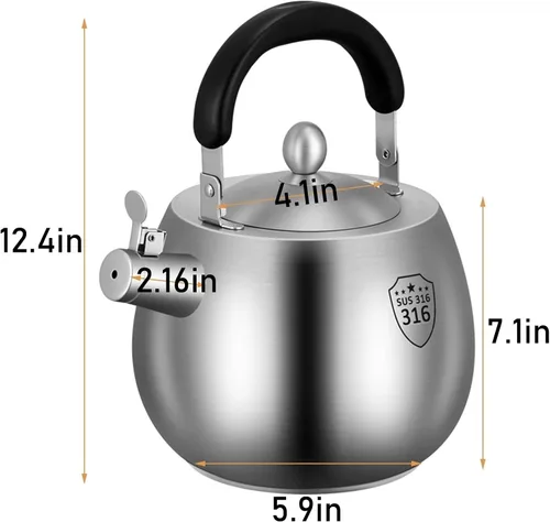 Vista 6 de Hervidor de té, hervidor de té resistente, tetera silbante, tetera de acero inoxidable 316, parte inferior sin costuras, mango plegable, acabado