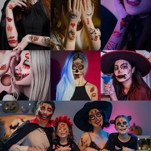 Vista 5 de 50 piezas de tatuajes faciales de broma de Halloween para adultos, mujeres y hombres, 10 calcomanías de terror para Halloween, 40 piezas de tatuajes