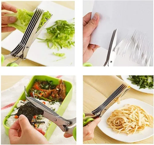 Vista 7 de Tijeras para hierbas, multiusos, de 5 cuchillas, para cortar cocina, con cubierta de seguridad y peine de limpieza
