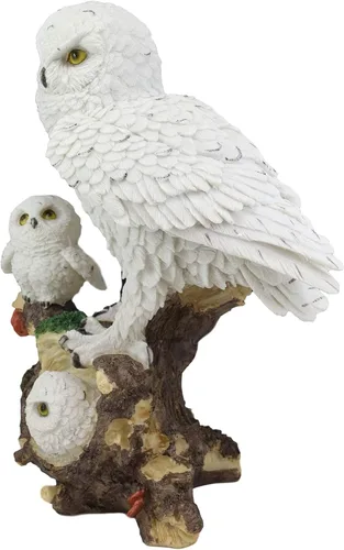 Vista 3 de Ebros - Tundra nevada búho blanco posado en rama de árbol con búhos bebés, estatua de 12 pulgadas de alto, caprichosa Tundra Forest Nocturnal