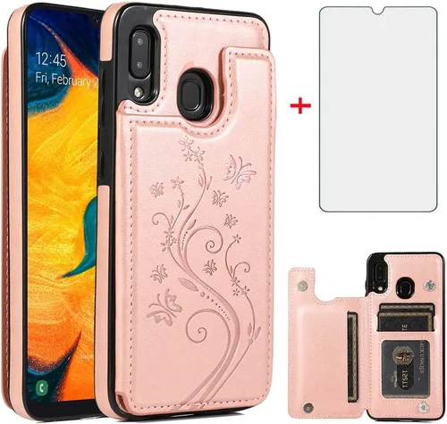 Vista 9 de Funda de teléfono para Samsung Galaxy A20 A30 con protector de pantalla de vidrio templado, tarjetero con soporte para tarjetero, soporte para Negro