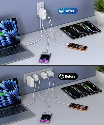 Vista 7 de Cargador USB C retráctil de pared con cables tipo C, carga rápida de 65 W, multipuerto de ladrillo esencial de viaje para Mac Book Pro/Air, iPhone