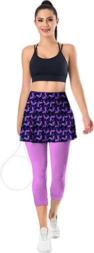 Vista 2 de QINGXUN Leggings con falda para mujer, leggings con falda de tenis con bolsillo, leggings de yoga con faldas, faldas atléticas de golf