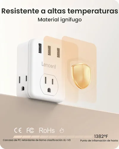 Vista 5 de LENCENT Adaptador de 3 clavijas a 2 clavijas, paquete de 2, extensor de 3 tomas de corriente con 3 USB