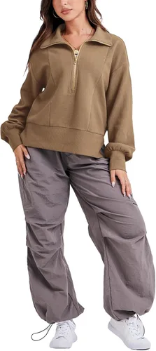 Vista 6 de Bowiln Women's Half Zip Oversized Sweatshirts Loose Lapel Long Sleeve Drop Shoulder Workout Pullover Hoodie Fall Clothes