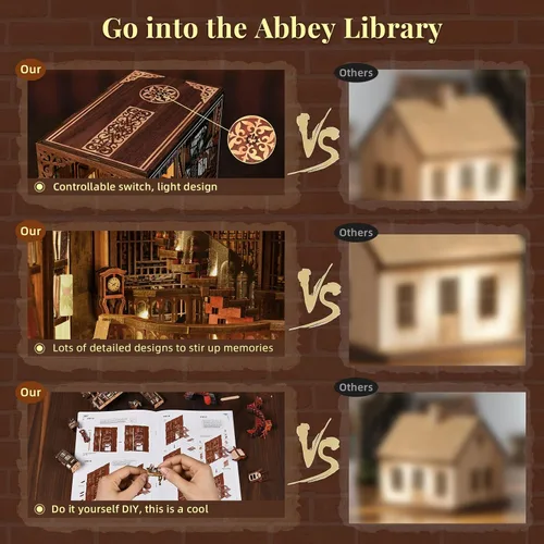 Vista 5 de MiniCity Abbey Library - Kit de rincón de libro de madera 3D con LED 7.1 x 4.3 x 9.1 in; 410 pieces, LED and dust cover; glue/tools and guide