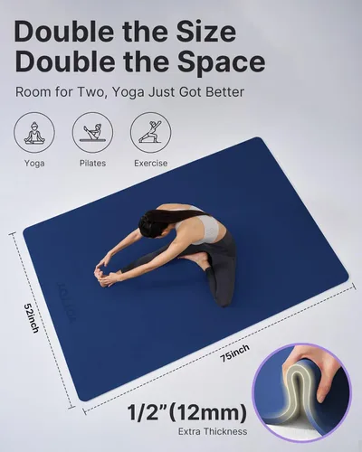 Vista 2 de YOTTOY Tapete de yoga grande (75 x 52 x 1/2 pulgadas), tapete de ejercicio TPE extra ancho, tapete de entrenamiento antideslizante para pilates