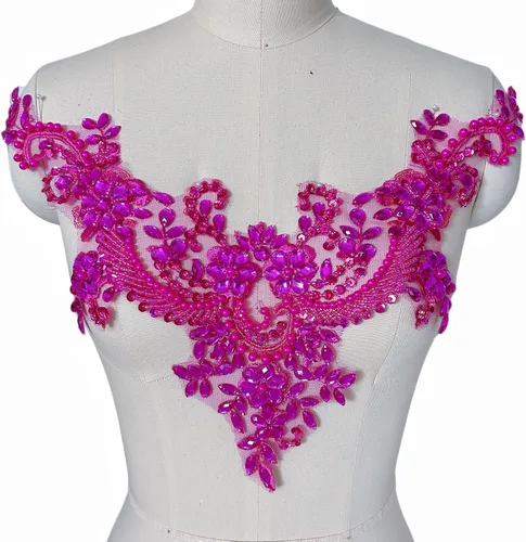 Vista 13 de Parches de encaje con flores y cuentas de perlas, apliques de strass para coser en ropa, cuello (AB)