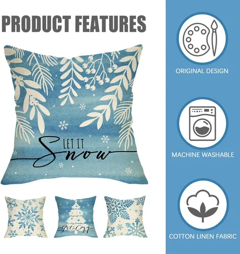 Vista 3 de Fahrendom Juego de 4 fundas de almohada decorativas con diseño de copo de nieve de invierno de 20 x 20 pulgadas, diseño de hojas de árbol de Navidad