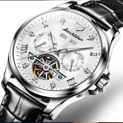 Vista 7 de OLEVS Relojes automáticos de cuero para hombre, esqueleto mecánico, Tourbillon, bisel de acero, reloj de pulsera para hombre, sin batería, correa