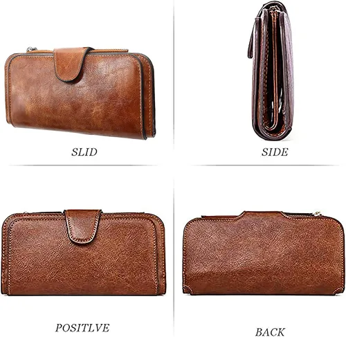 Vista 4 de Cartera de cuero para mujer, monedero de embrague para tarjetas de crédito, soporte para monedas, plegable, Cera de Aceite Marrón, Classic
