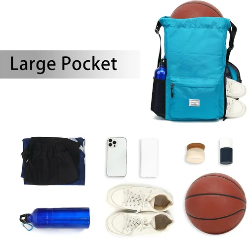 Vista 3 de FUXINGYAO Mochila deportiva con cordón y compartimento para zapatos, mochila de cuerda para mujeres y hombres (negro), Azulclaro, Sencillo y fácil