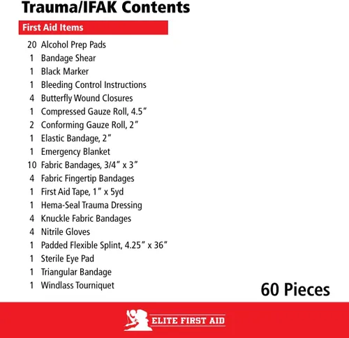 Vista 2 de Elite 91629 - Kit de primeros auxilios para traumatismos de emergencia de 60 piezas, kit de primeros auxilios táctico compatible con Molle