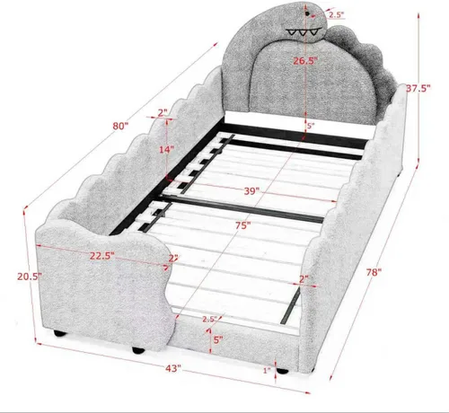Vista 2 de Cama infantil con forma de dinosaurio de tamaño individual con barandilla de seguridad, marco de cama de piso de madera maciza para niños