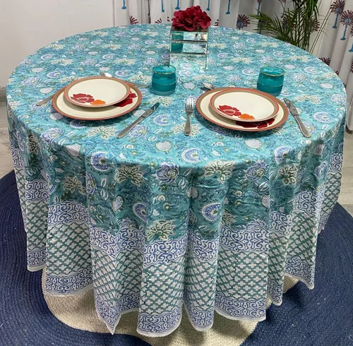 Vista 51 de Mantel redondo con estampado de bloque a mano, 100% algodón, reutilizable, turquesa, verde musgo, 90 pulgadas, mantel decorativo para uso diario