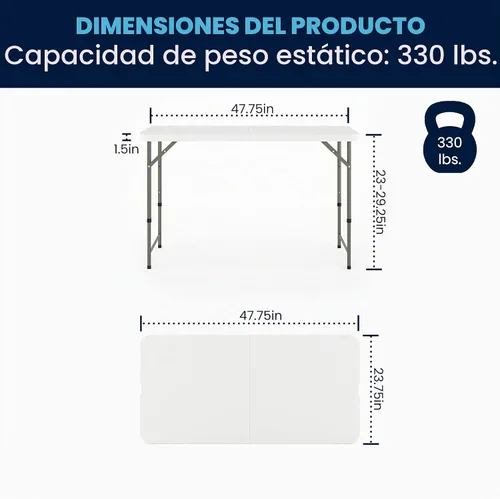 Vista 2 de Flash Furniture Mesa rectangular de plástico plegable de 4 pies con patas ajustables y asa de transporte, mesa de banquete portátil biplegable